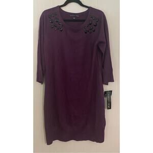NWT Madison Leigh Eggplant Sweater Dress Black Bling 3/4 Sleeve Size Large